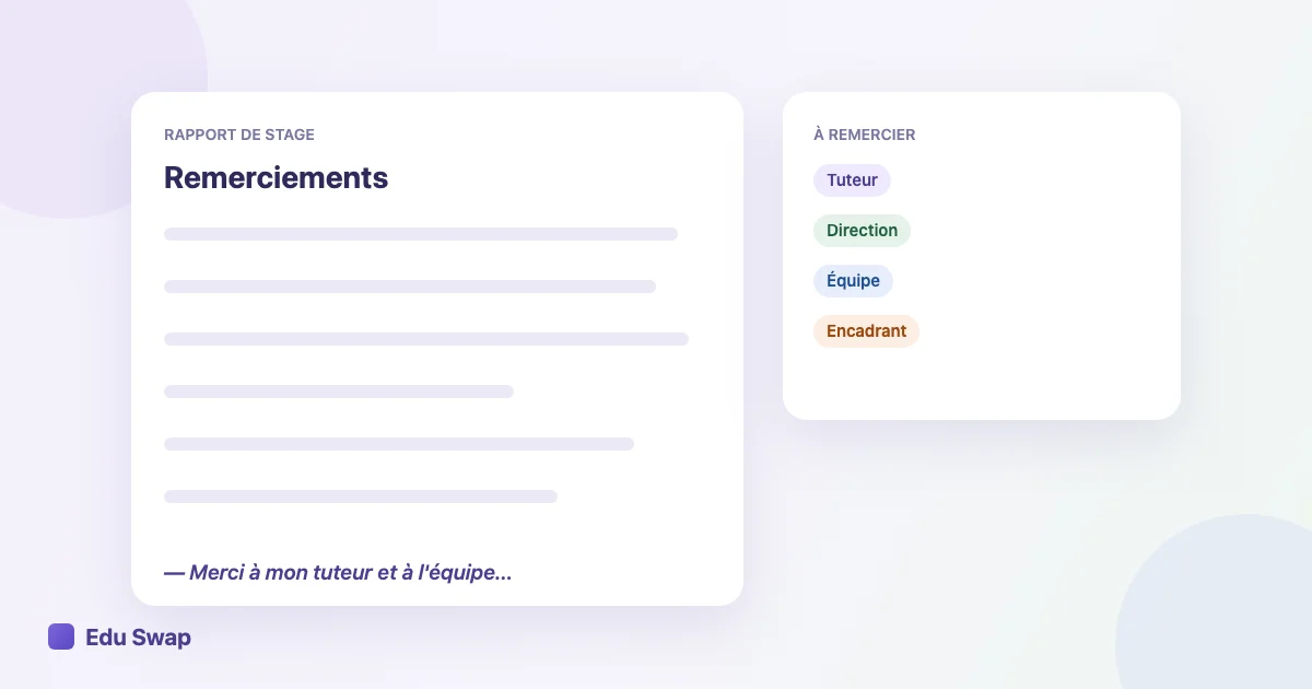 Page de remerciements de rapport de stage avec le nom du tuteur et de l'entreprise