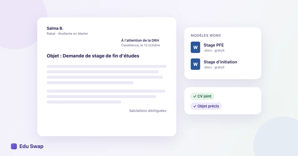 Illustration d'une lettre de demande de stage de fin d'études avec deux modèles Word à télécharger