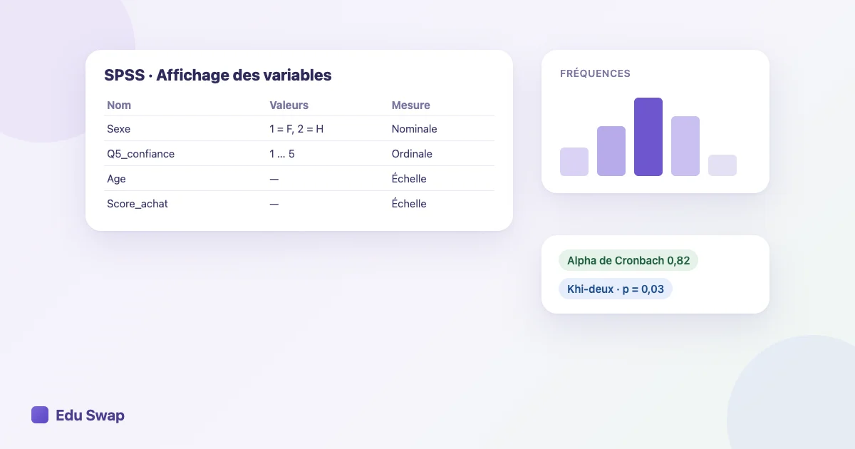 Illustration de la fenêtre de données de SPSS avec des variables codées et un tableau de fréquences