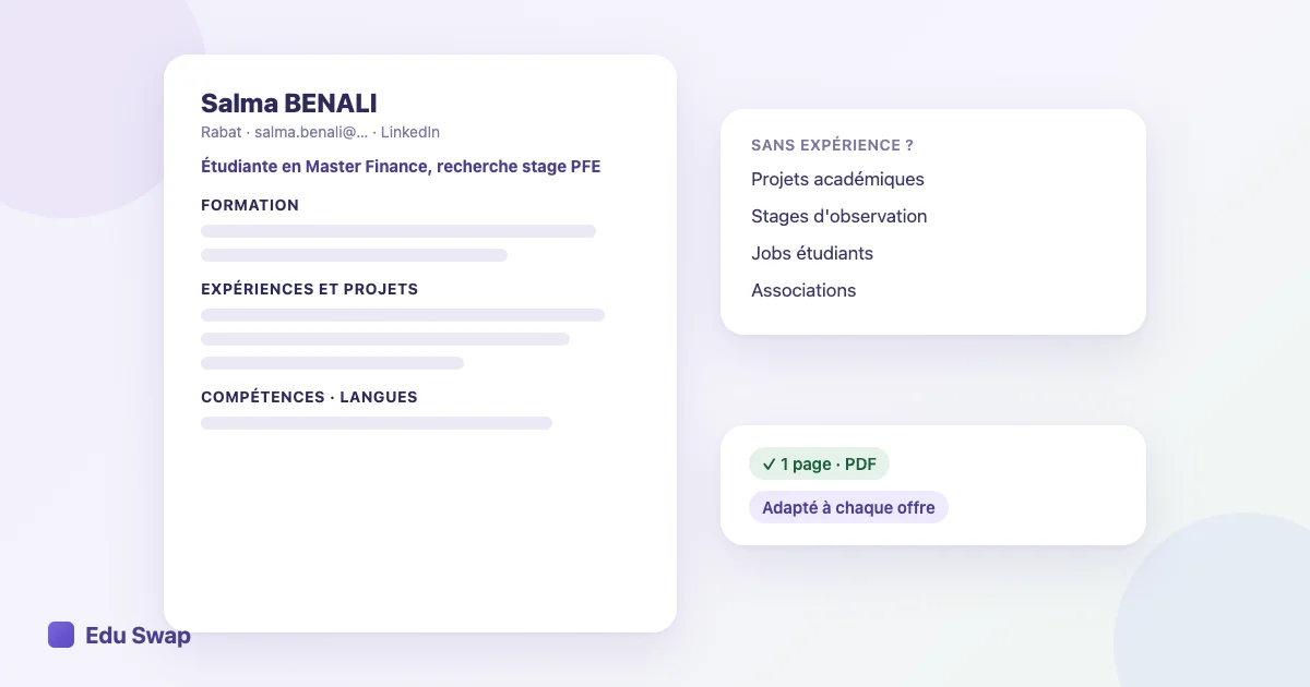 CV étudiant d'une page avec les rubriques formation, projets, stages et compétences