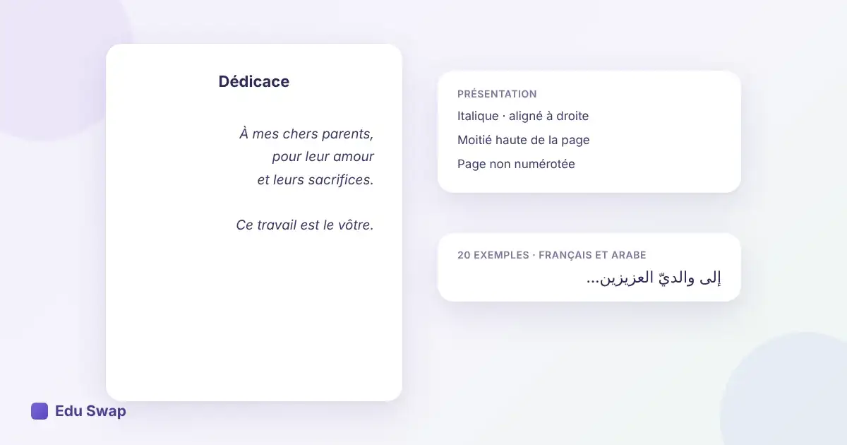 Page de dédicace de mémoire alignée à droite, en italique, avec quelques lignes pour les parents